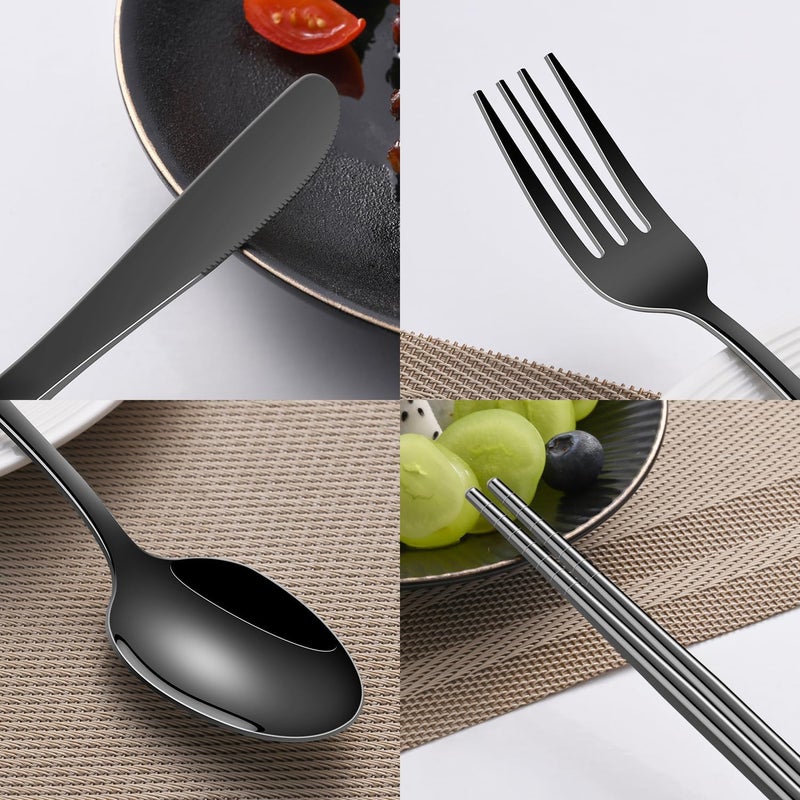 Dehov Travel Utensils Set With Case,Black Stainless Steel Silverware Set To Go For Work Lunch Box Includes Knife Spoon Fork Chopsticks,Camping Picnic Cutlery Essentials - Image 4